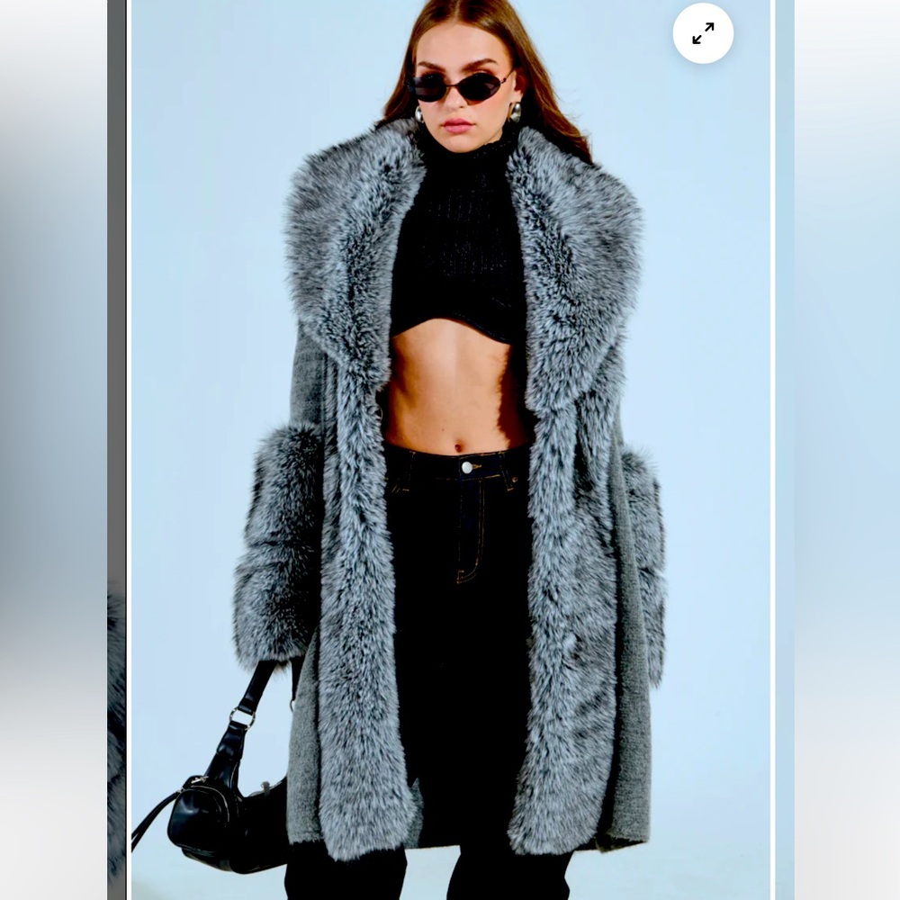 Gray Faux Fur Trimmed Coat